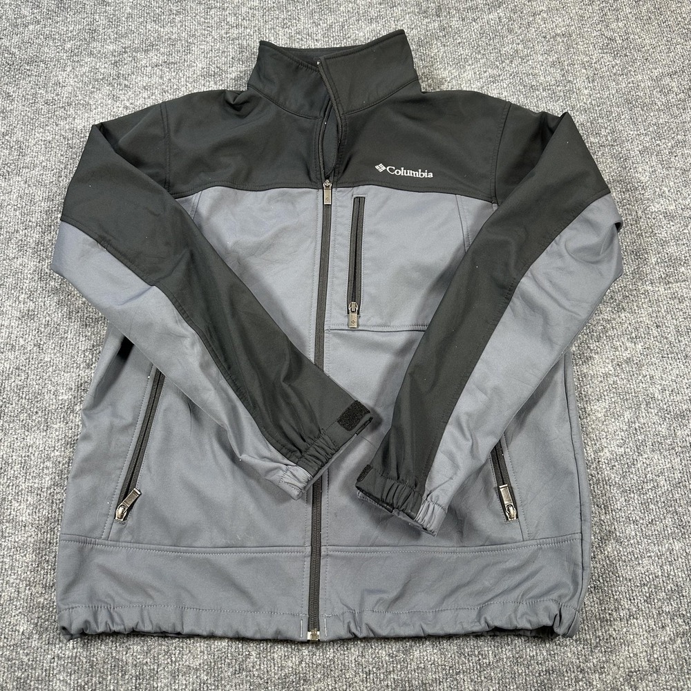 Columbia Jacket Mens Medium Gray Black Softshell Fleece Lined Full Zip Outdoor